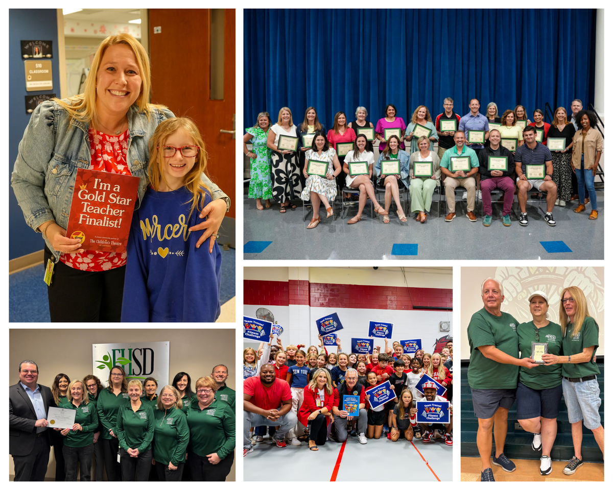 collage of five photos that includes staff holding up certificates and lt. governor Jim Tressell taking a group photo with Maddux students
